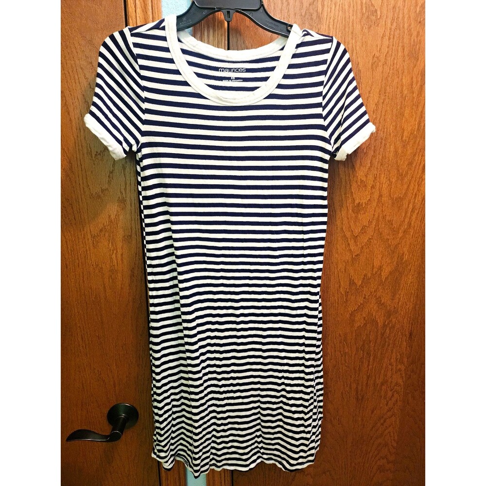 Maurices Black White Striped Knit T-Shirt Dress XS Cap Sleeve Round Neck Stretch